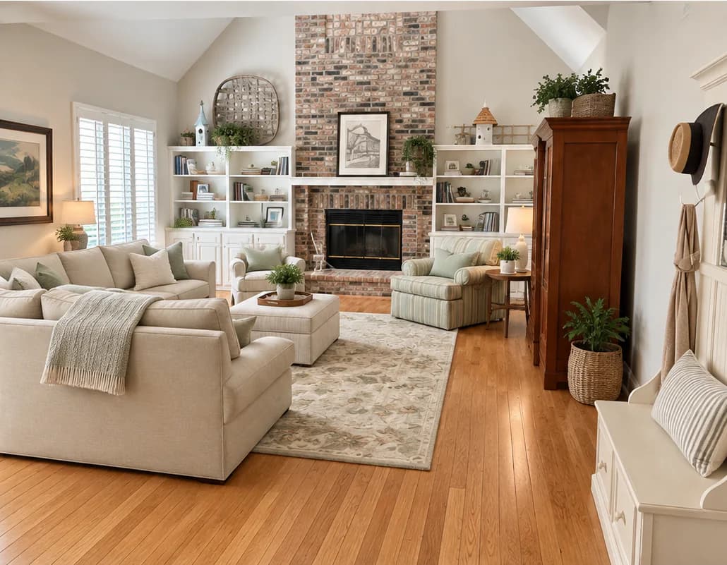 Organized fireplace living room after Rubi's cleaning service